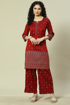 Maroon Cotton Blend Woven Straight Kurta Suit Set image number 6