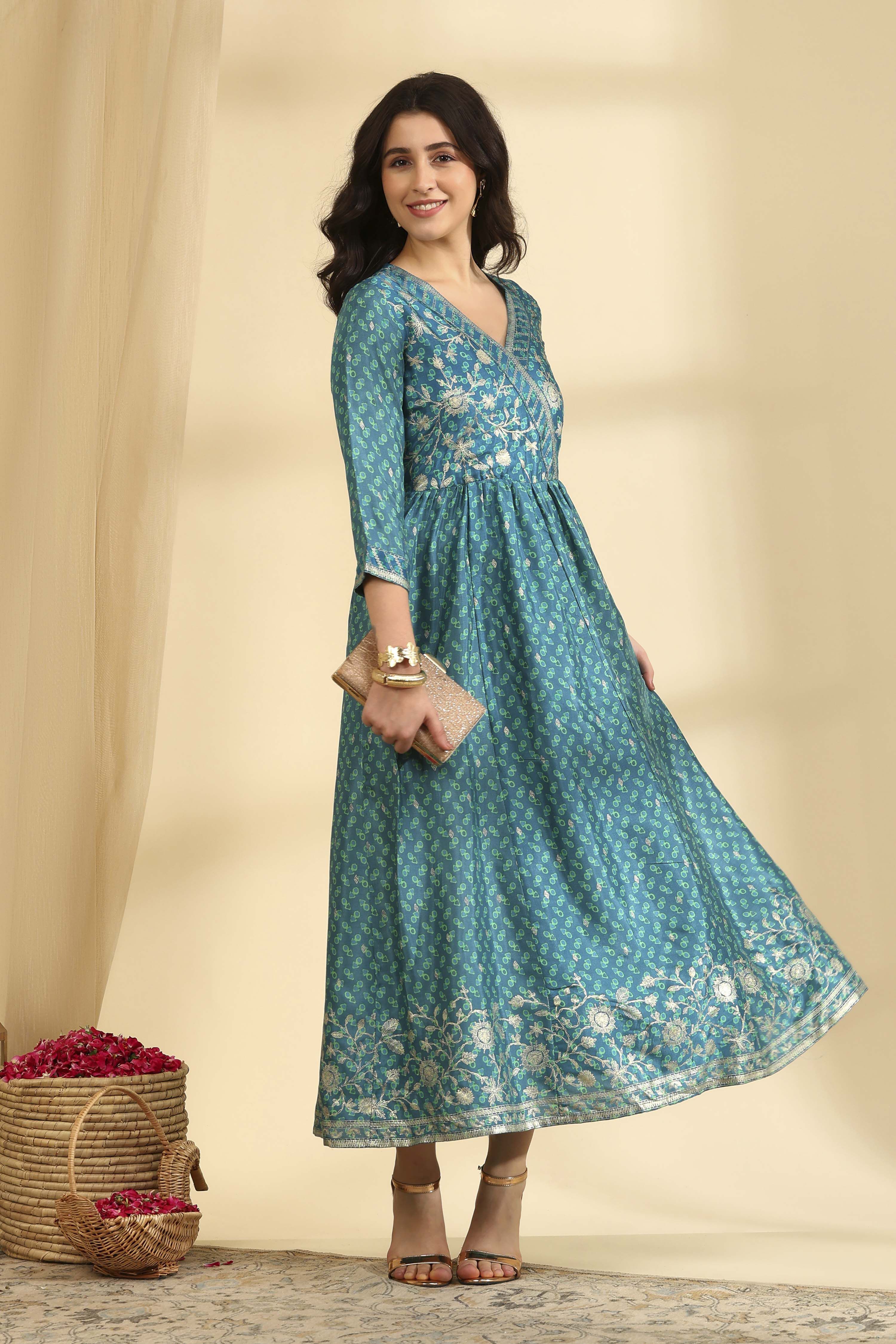 Teal Printed Viscose Blend Ethnic Dress image number 0
