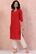 Red Cotton Straight Kurta image number 5