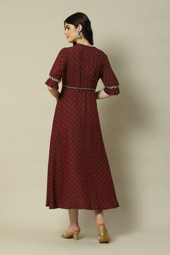 Maroon Cotton Blend Printed Dress image number 4