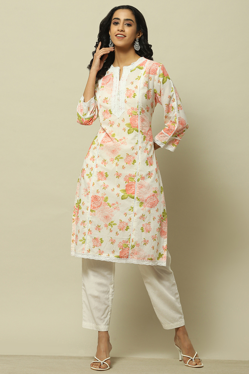 White Cambric Floral Printed Straight Kurta Set image number 0