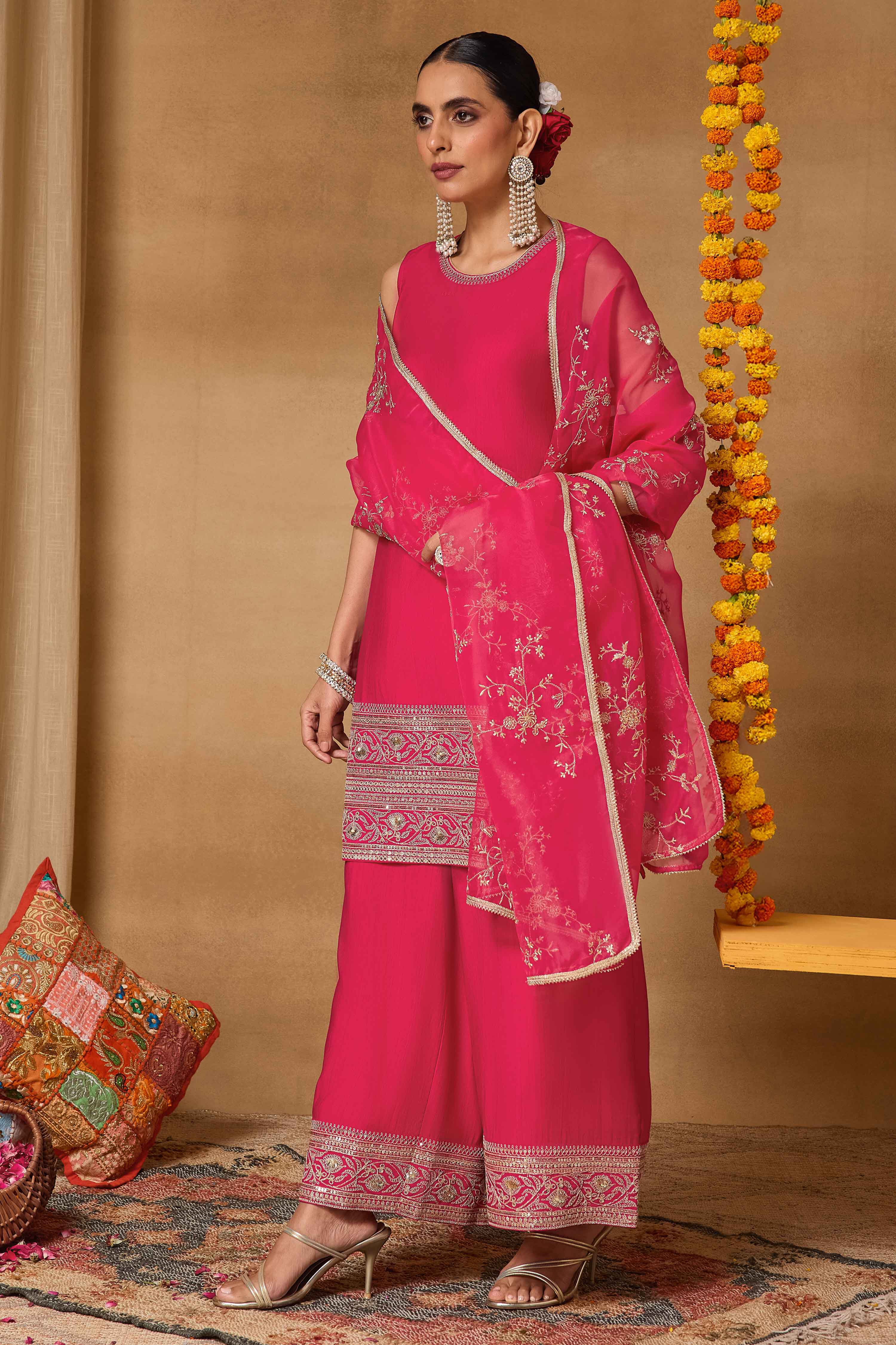 Pink Viscose Blend Straight Solid Suit Set image number 4
