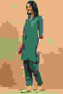 Teal Viscose Blend Printed Straight Kurta Pants Set image number 3