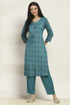 Teal Viscose Rayon Printed Straight Kurta Pants Set image number 6