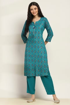 Teal Viscose Rayon Printed Straight Kurta Pants Set image number 6