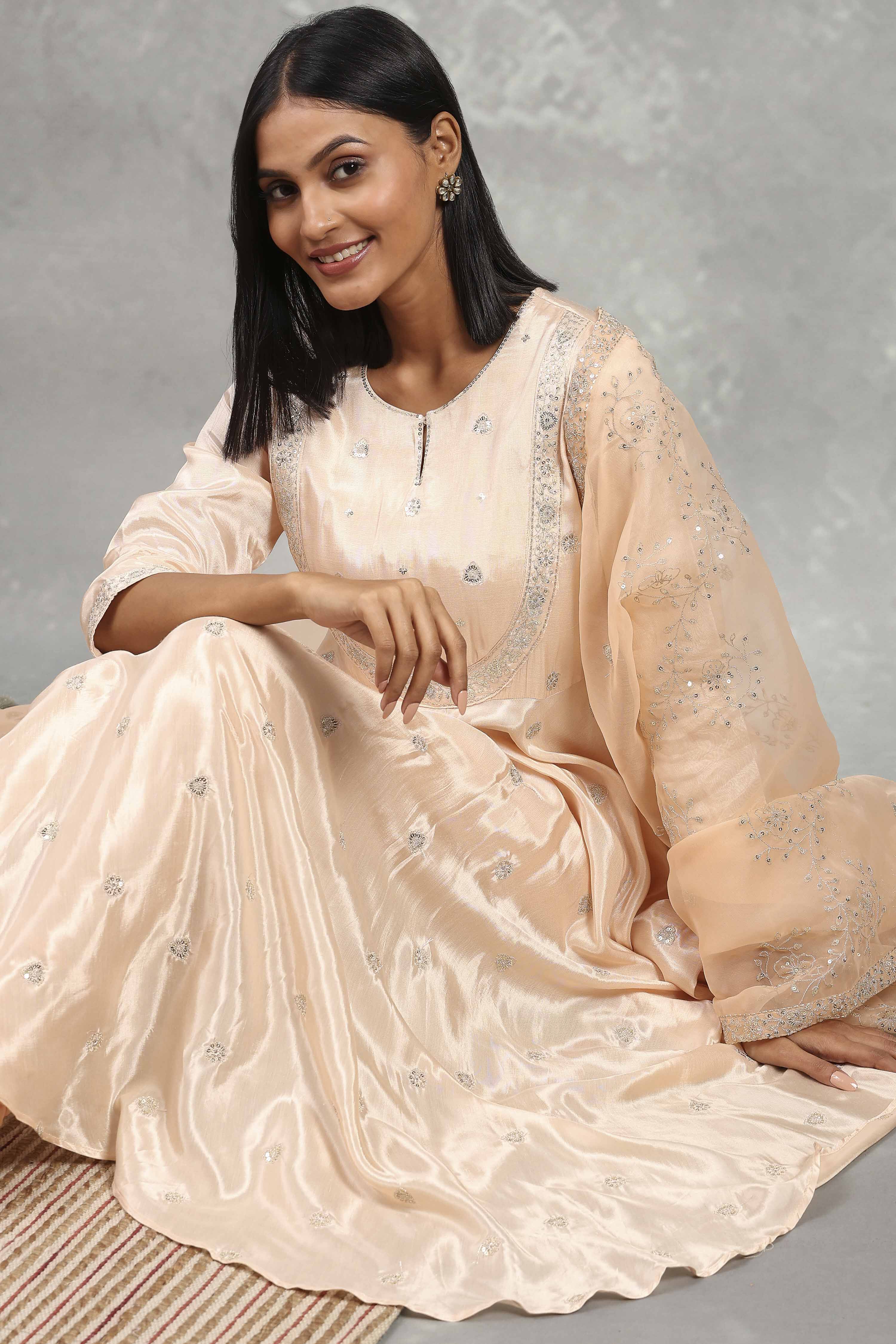 Beige Viscose Rayon Embroidered Anarkali Suit Set image number 6
