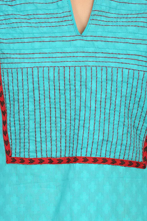 Turquoise Straight Cotton Kurta image number 4
