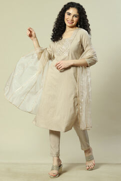 Beige Viscose Woven Straight Kurta Suit Set image number 0