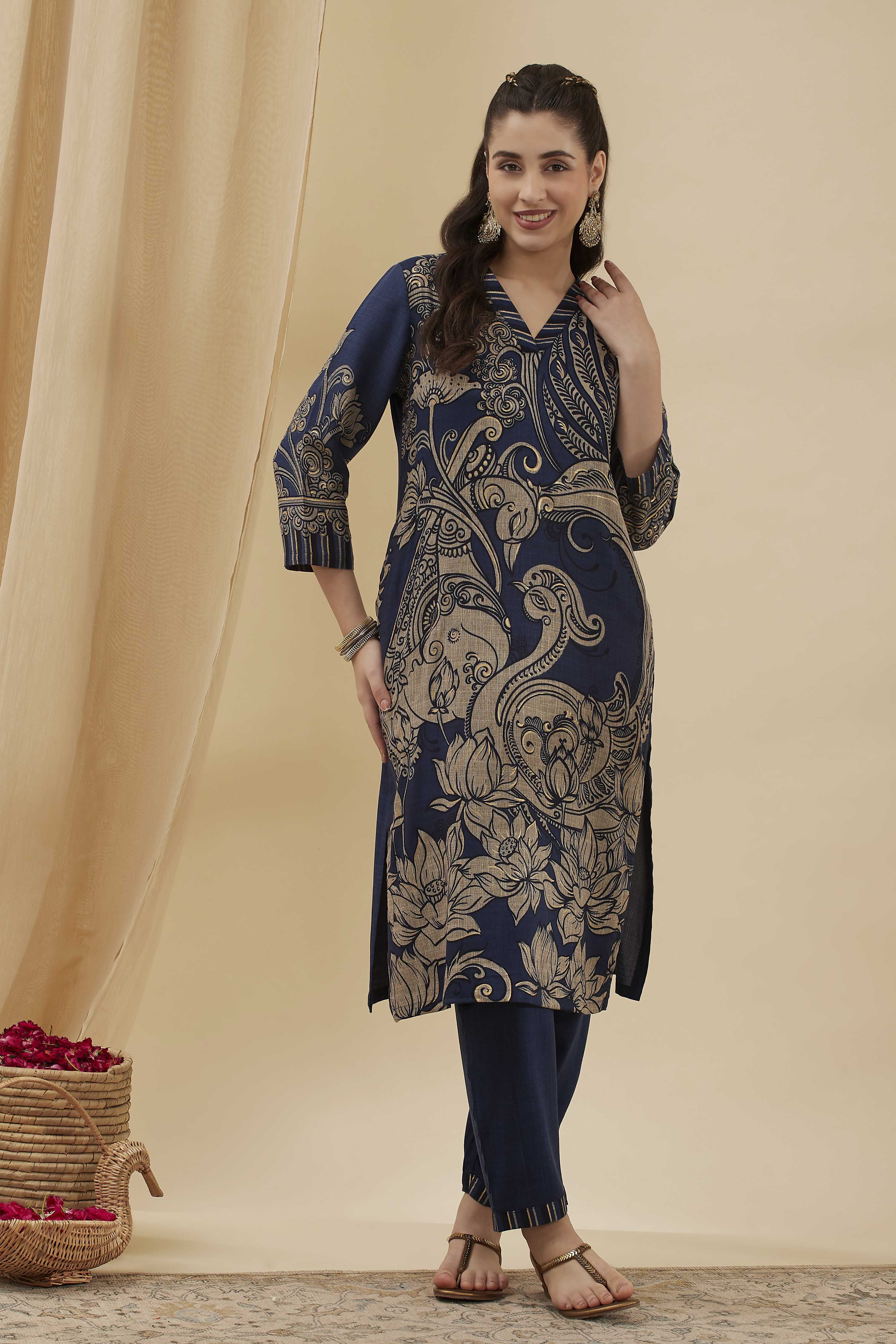 Blue Viscose Blend Straight Printed  image number 0