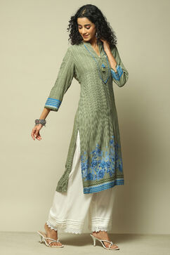 Green LIVA Straight Printed Kurta image number 4