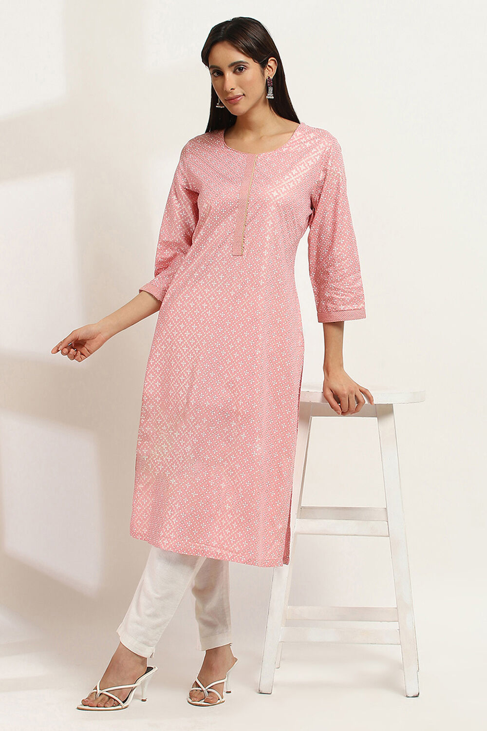 Peach-Colored Printed Straight Kurta image number 0