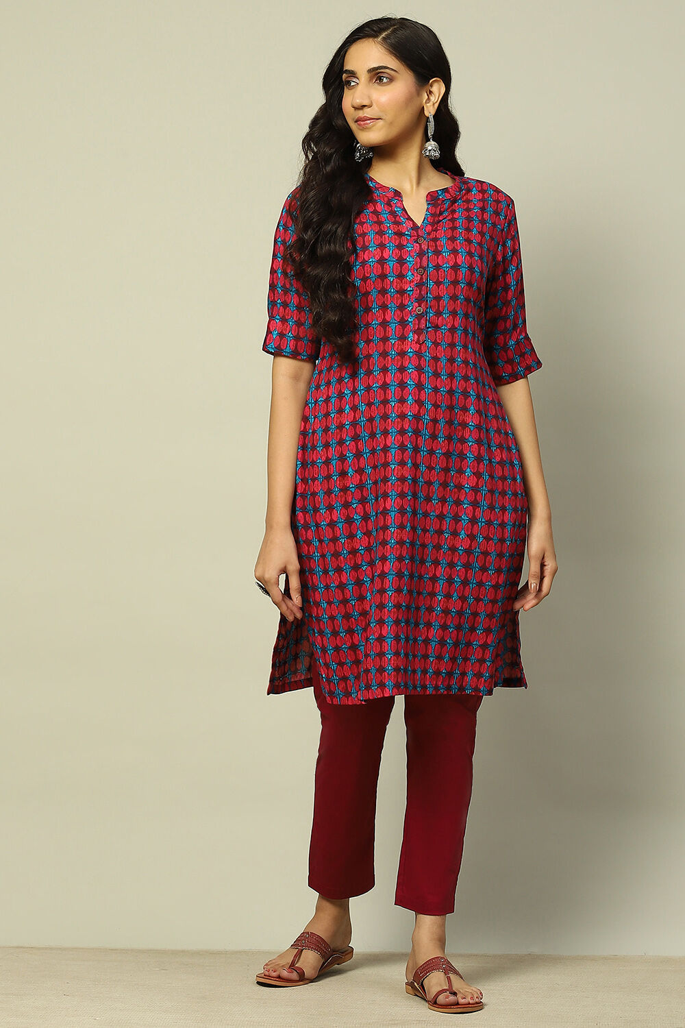 Magenta Geometric Printed Straight Kurta image number 0