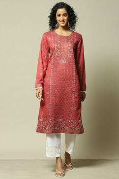 Red Acrylic Straight Printed Kurta image number 5