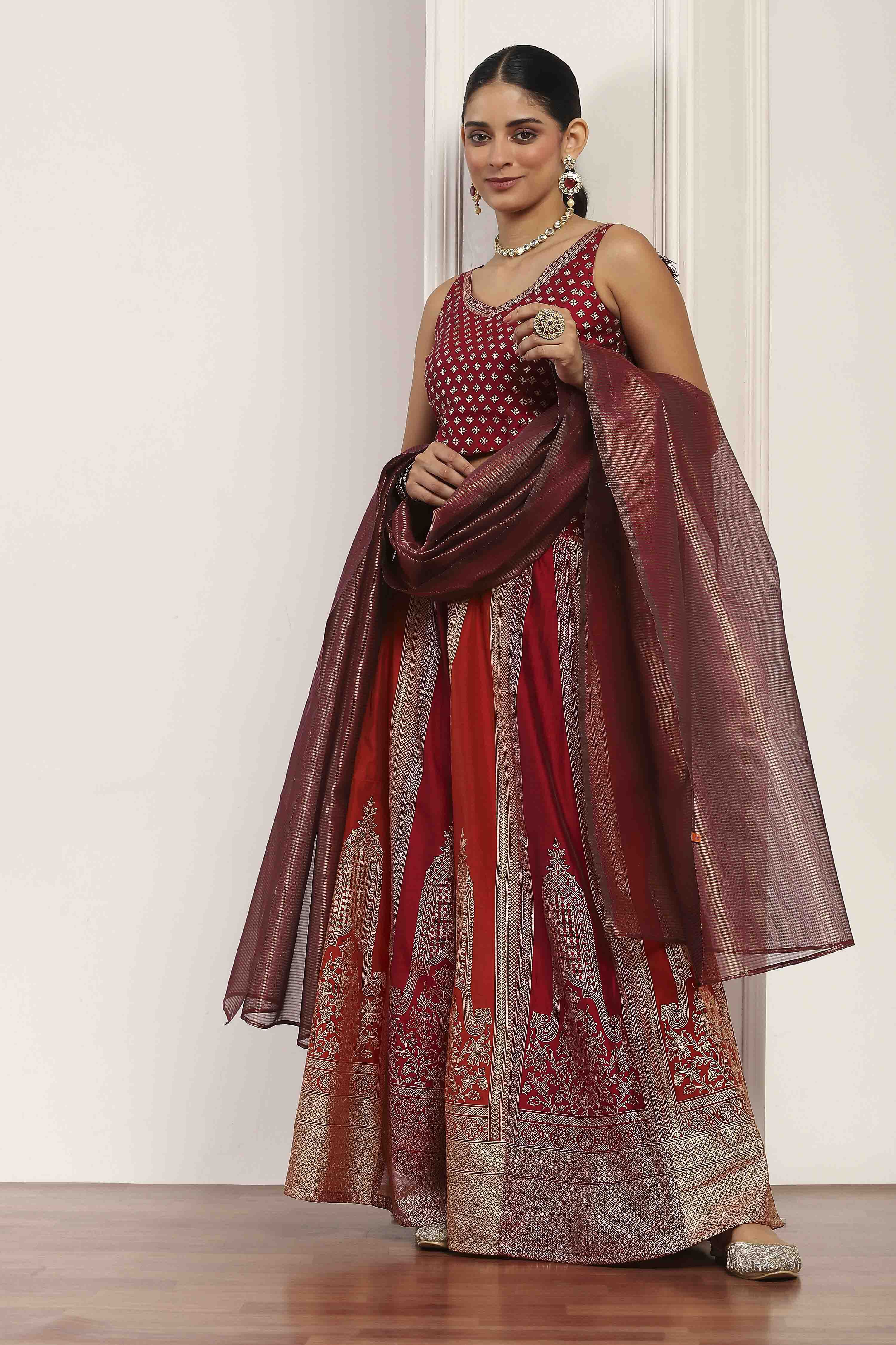 Pink Polyester Kalidar Lehenga Set image number 6