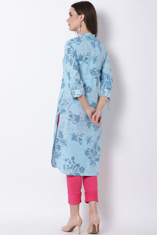 Sky Blue Cotton Straight Kurta image number 4