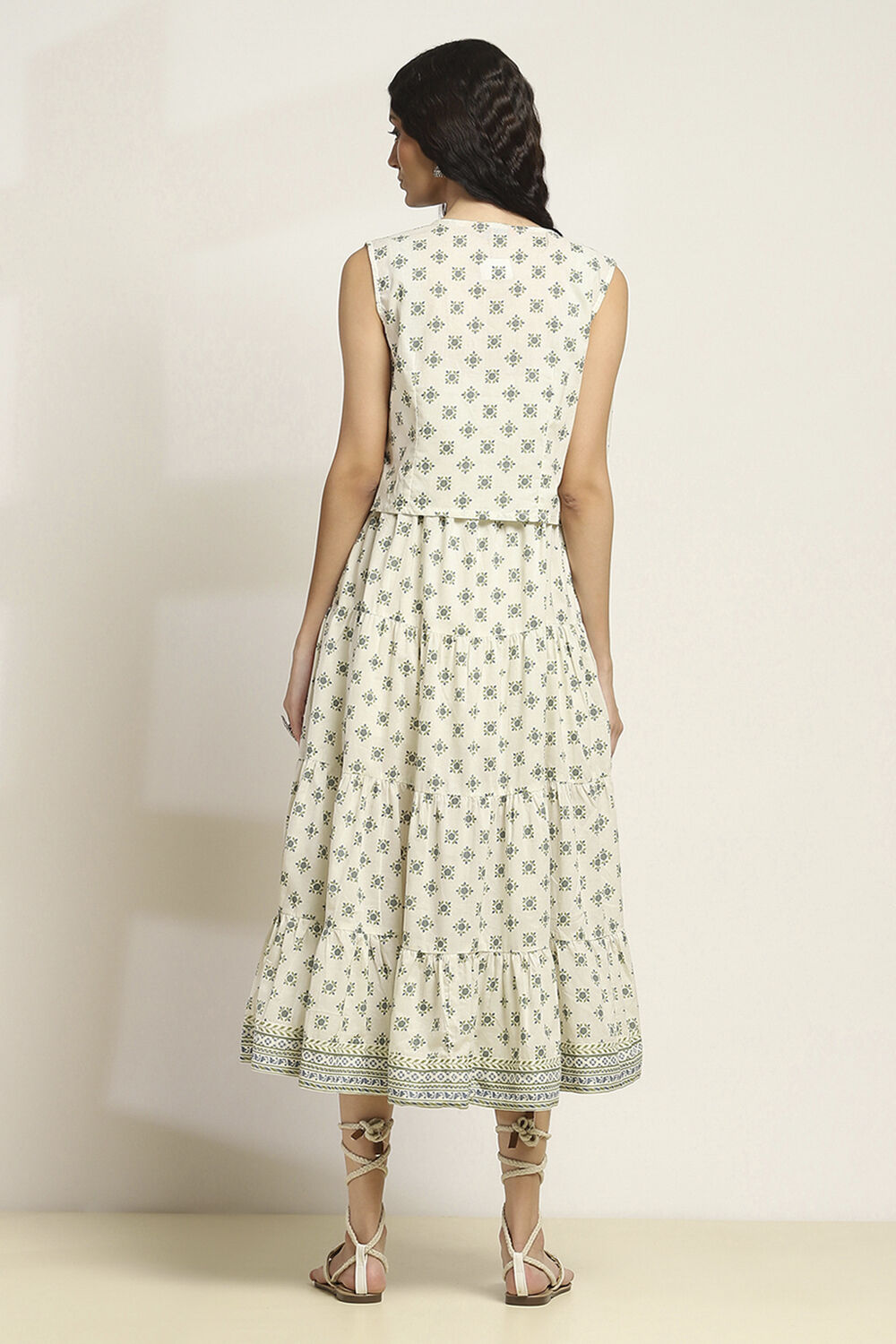 Off-White Cotton Printed Tiered Dress image number 3