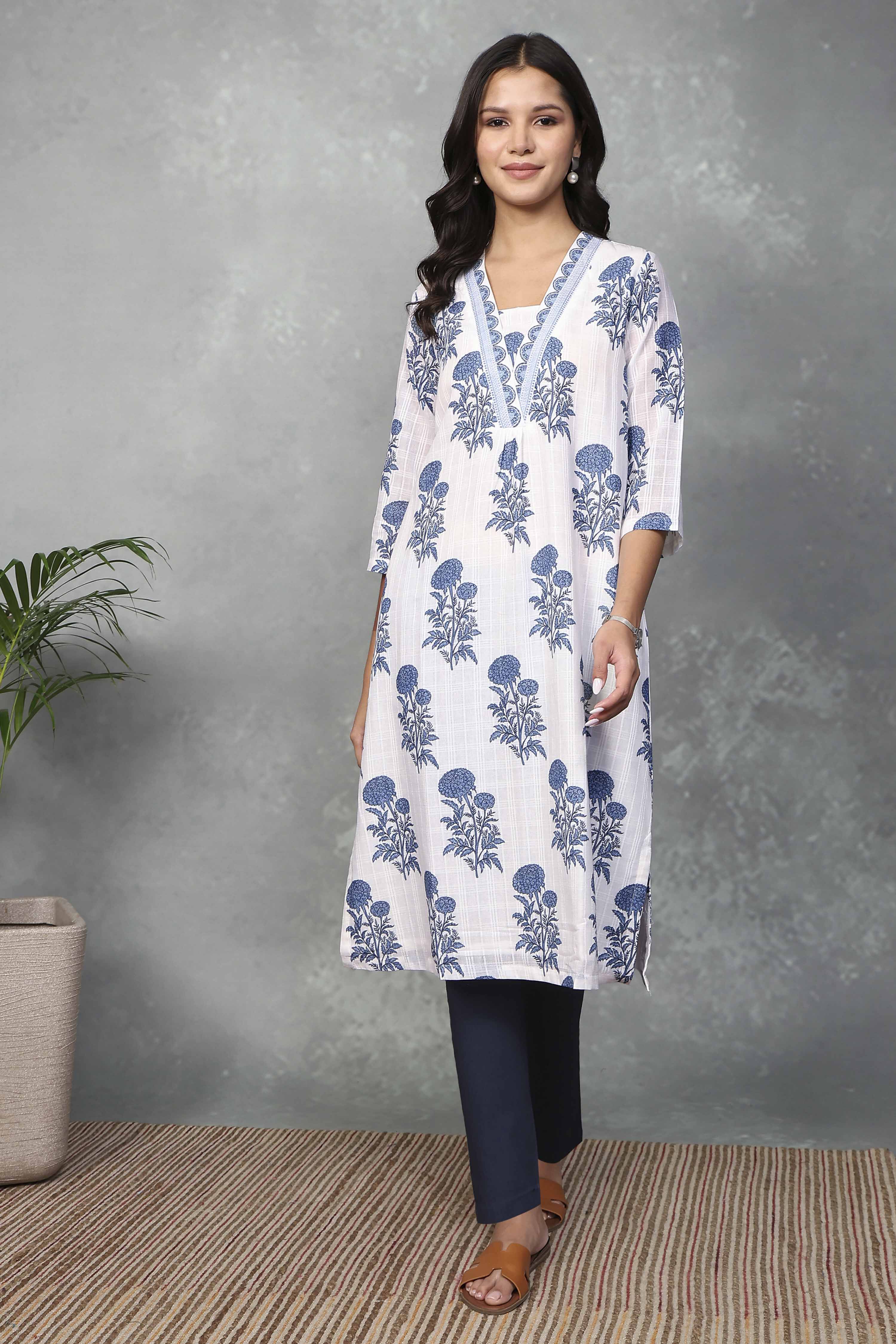 White Cotton Printed Straight Kurta image number 5