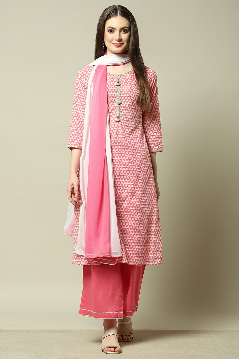 Pink Cotton Blend Printed Kurta & Palazzo Suit Set image number 7