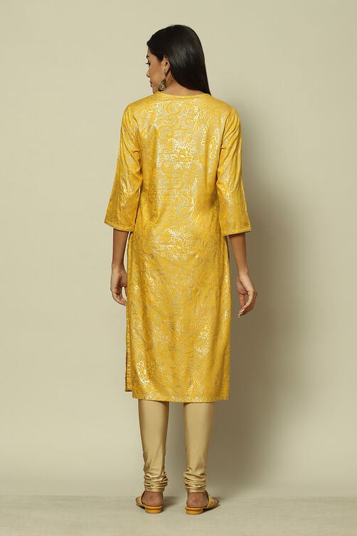 Yellow Viscose Straight Printed Kurta image number 4