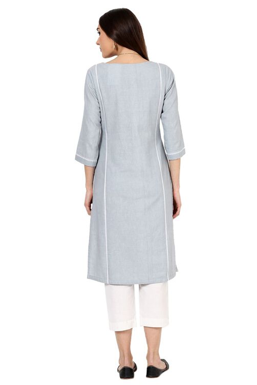 Grey Straight Cotton Kurta image number 3
