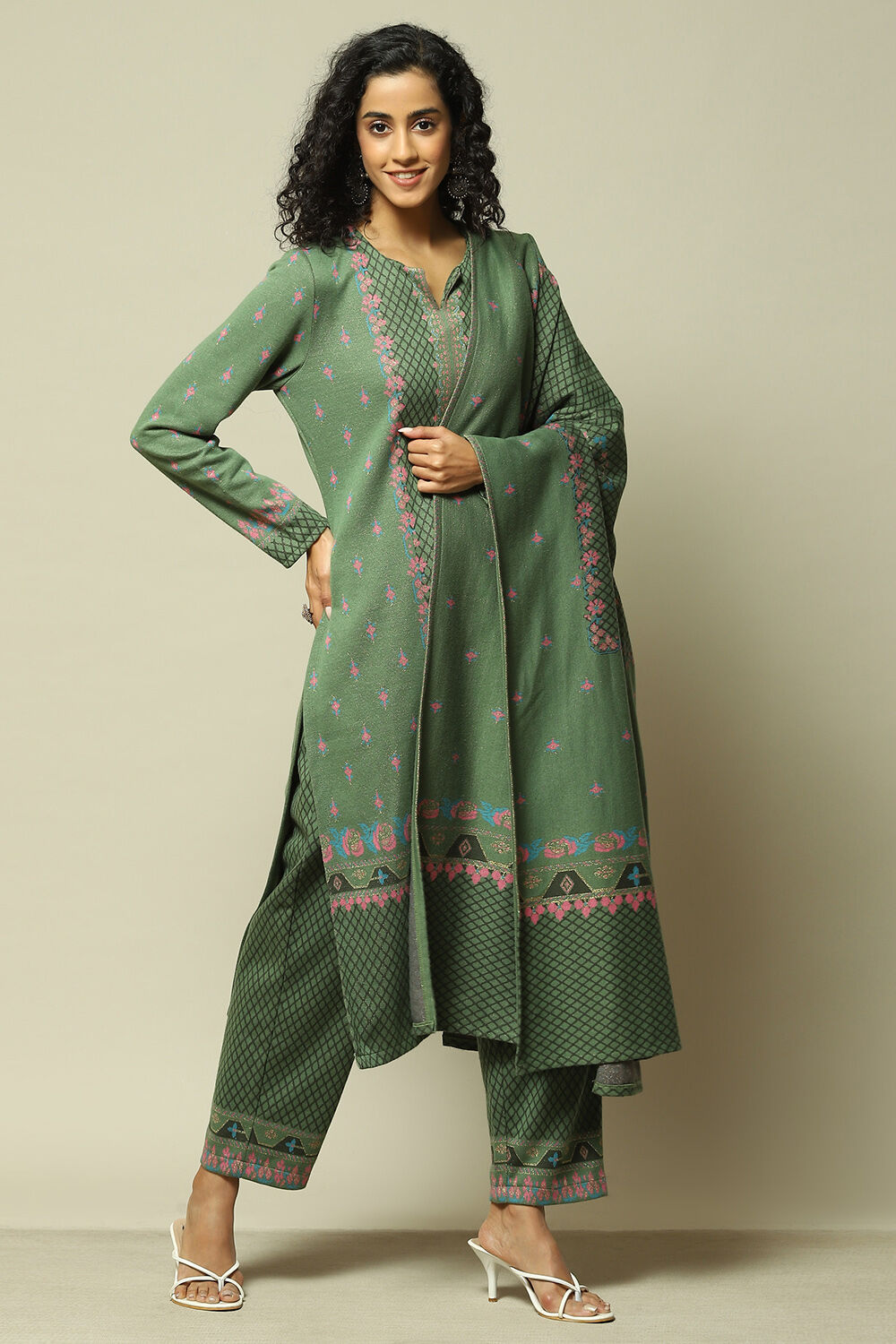 Green Cotton Blend Straight Printed Kurta Palazzo Suit Set image number 6