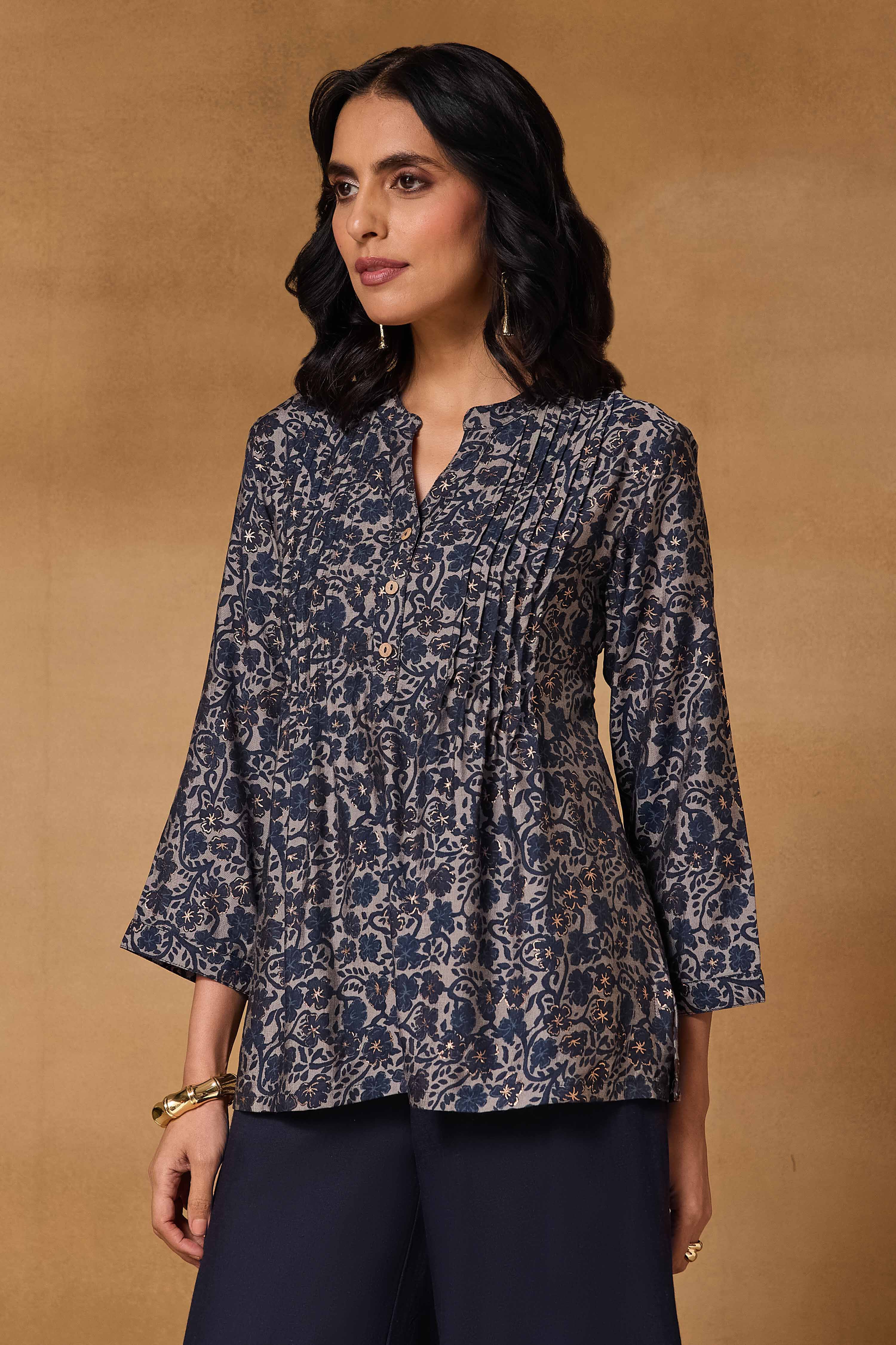 Blue Viscose Blend Regular Printed Top image number 2