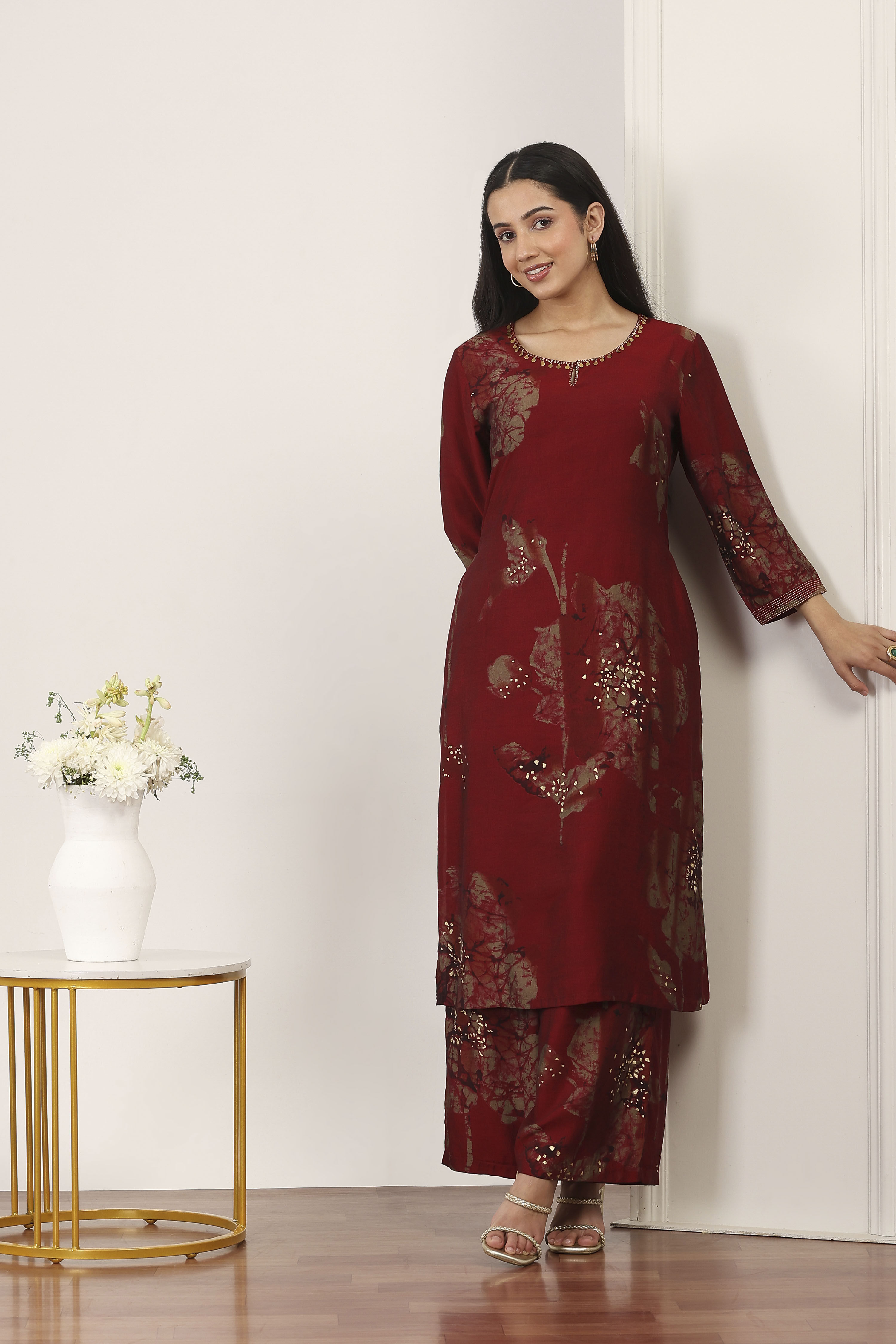 Maroon Viscose Polyester Viscose Rayon Kurta Pants Set image number 0