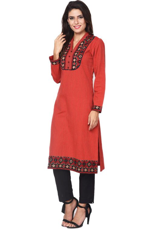 Red Straight Cotton Kurta image number 1