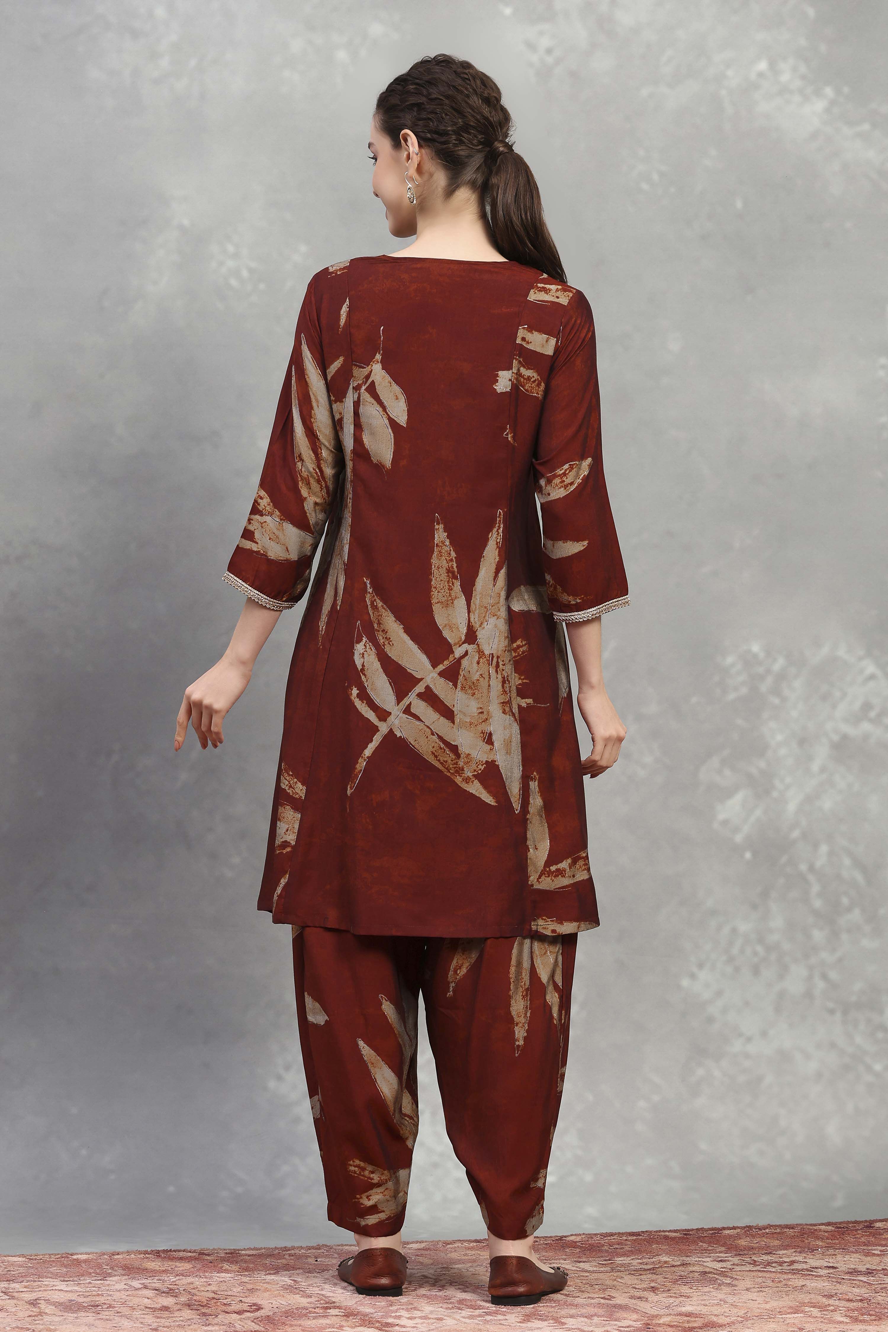 Blue Rust Viscose Blend Printed Kalidar Kurta Pants Set image number 4
