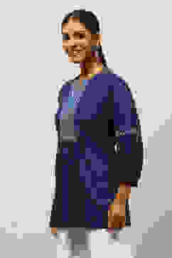 Blue Viscose Blend Embroidered Gathered Top image number 2