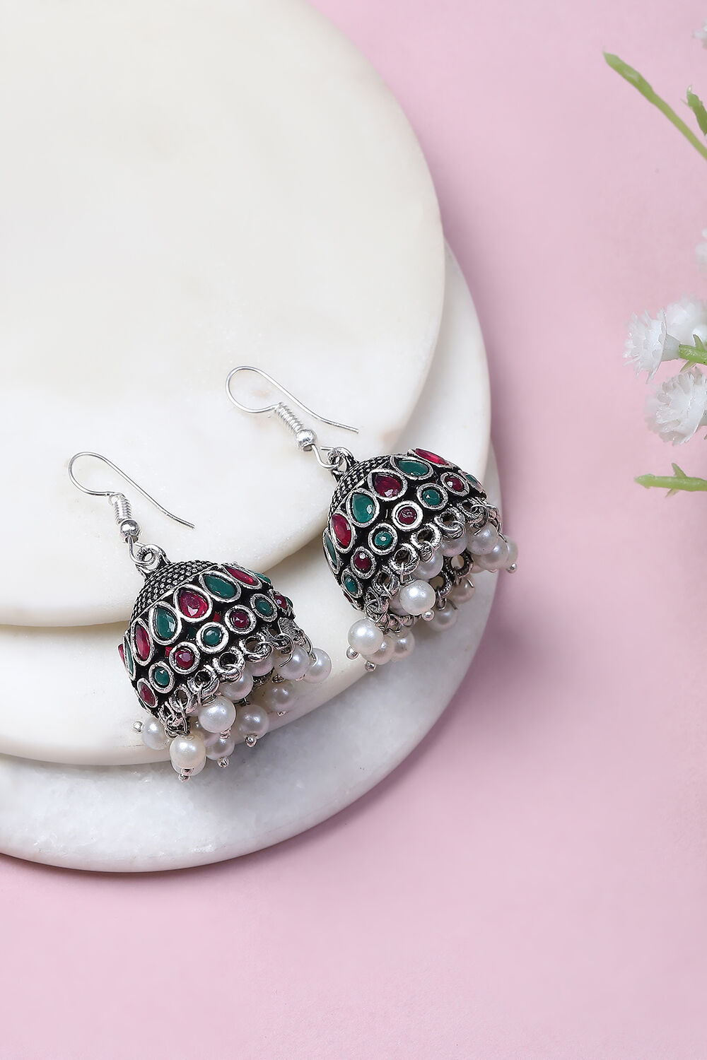 Pink-Green Alloy Jhumkas image number 0