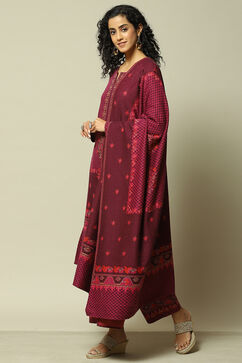 Wine Cotton Blend Straight Printed Kurta Palazzo Suit Set image number 4