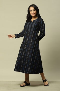 Black Cotton Blend A-Line Printed Dress image number 0