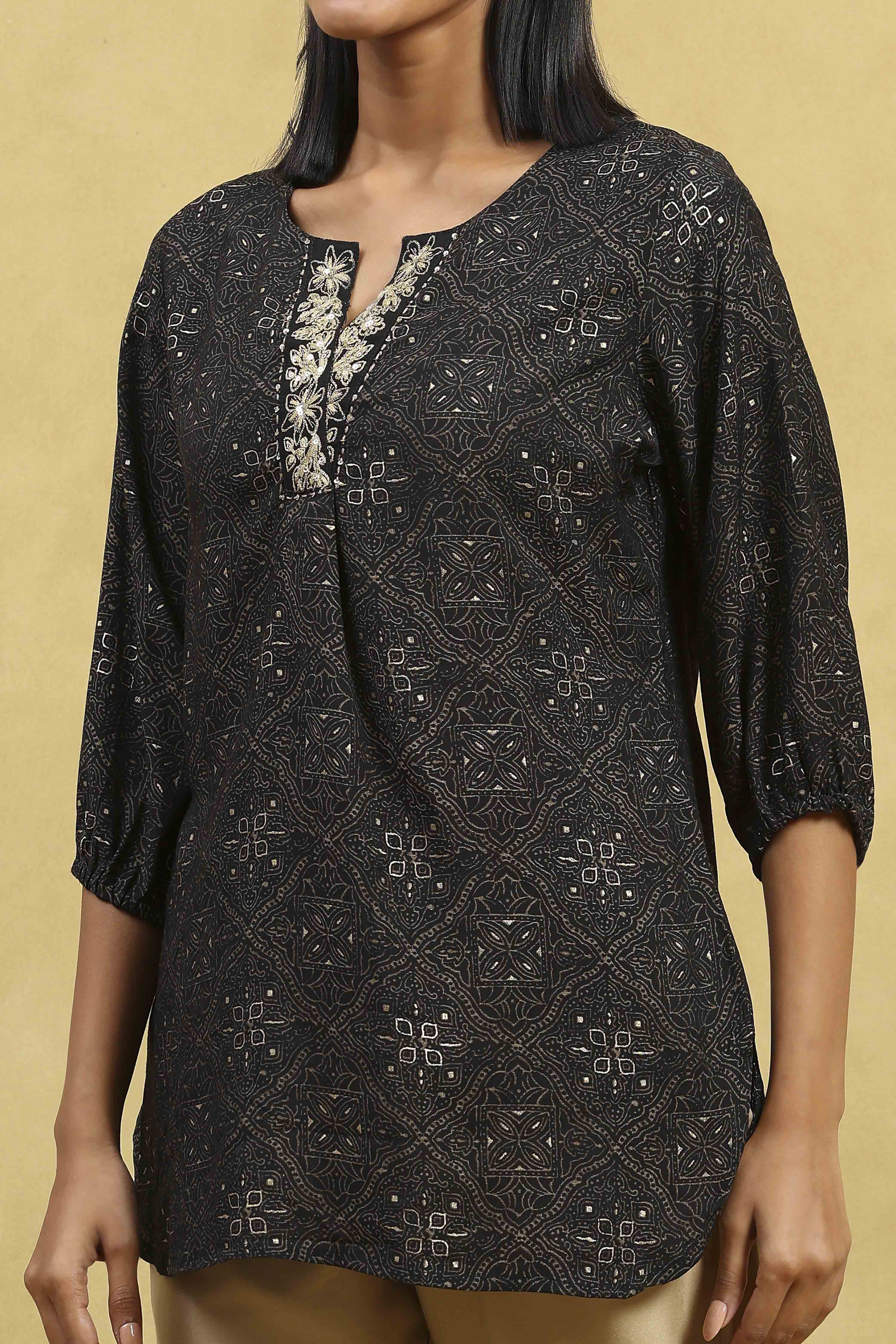 Black Viscose Blend Printed Straight Top image number 1