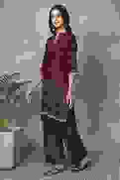 Wine Viscose Polyester Viscose Rayon Kurta Pants Set image number 3