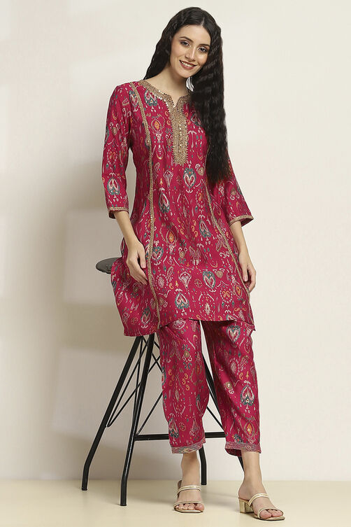 Black Viscose Blend Printed A-Line Kurta Pants Set image number 0