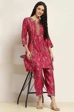 Pink Viscose Blend Printed A-Line Kurta Pants Set image number 0