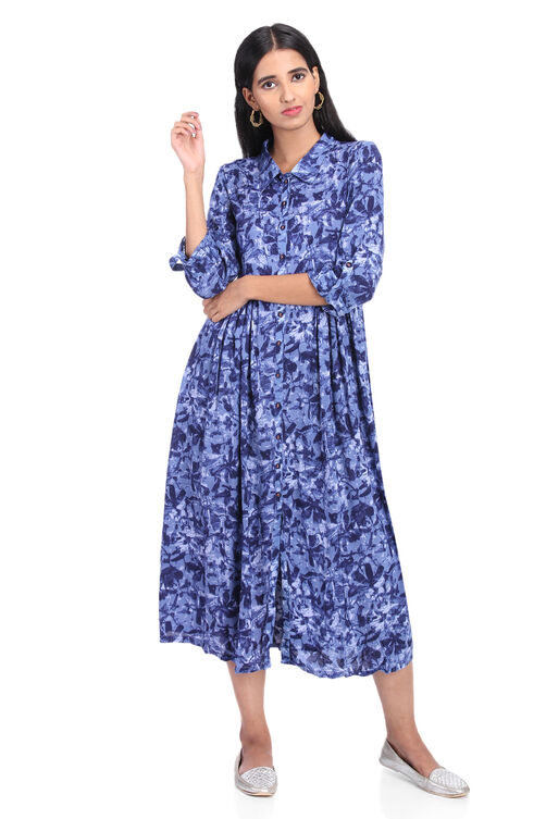 Blue Flared Viscose Rayon Dress image number 4
