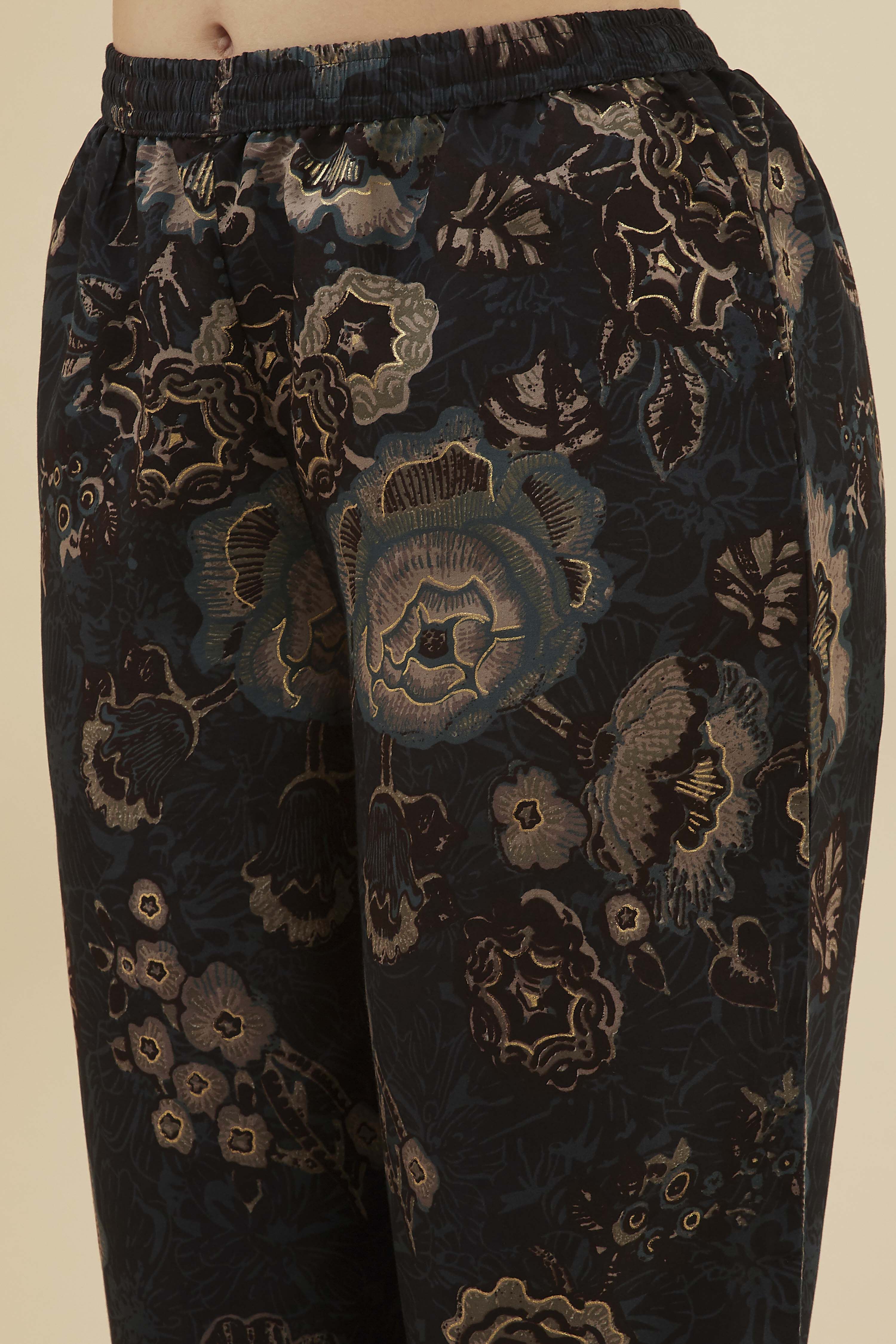 Navy Viscose Blend Printed Straight Kurta Set image number 2