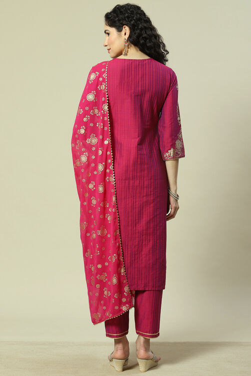 Magenta Cotton Blend Woven Straight Kurta Suit Set image number 4