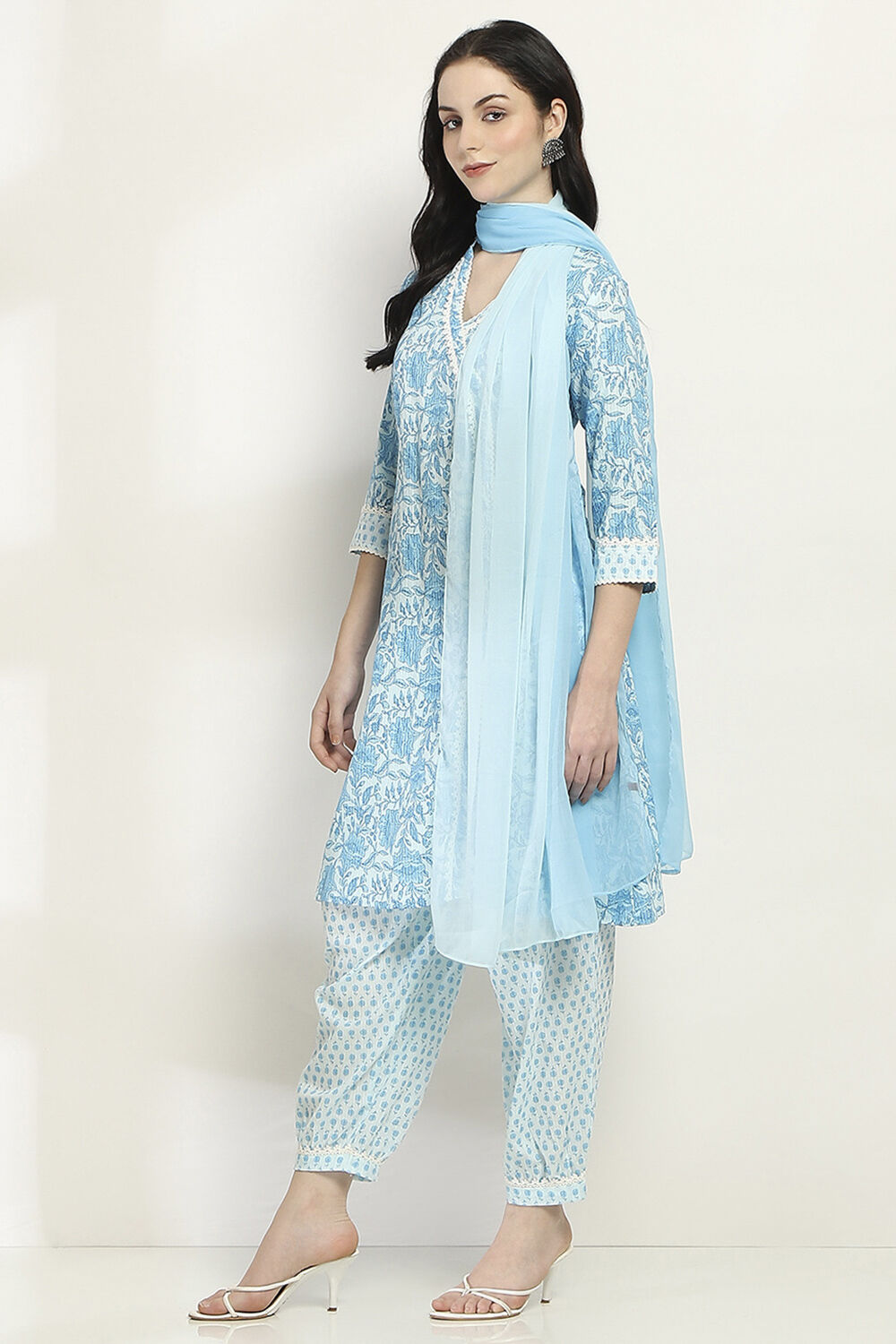 Blue Cotton Printed Straight Suit Set image number 3