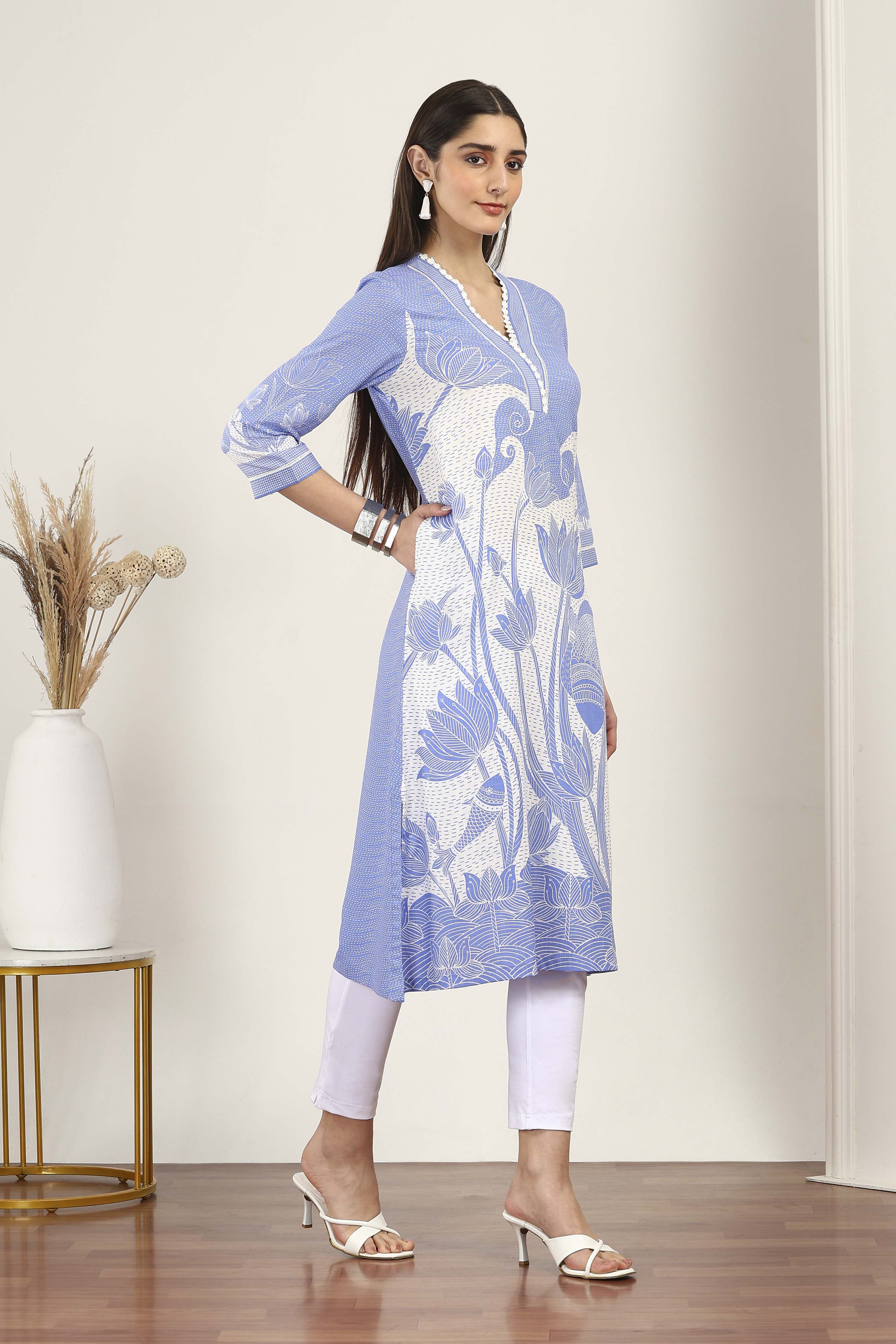 Blue Rayon A-line & Kalidar Kurtas image number 4
