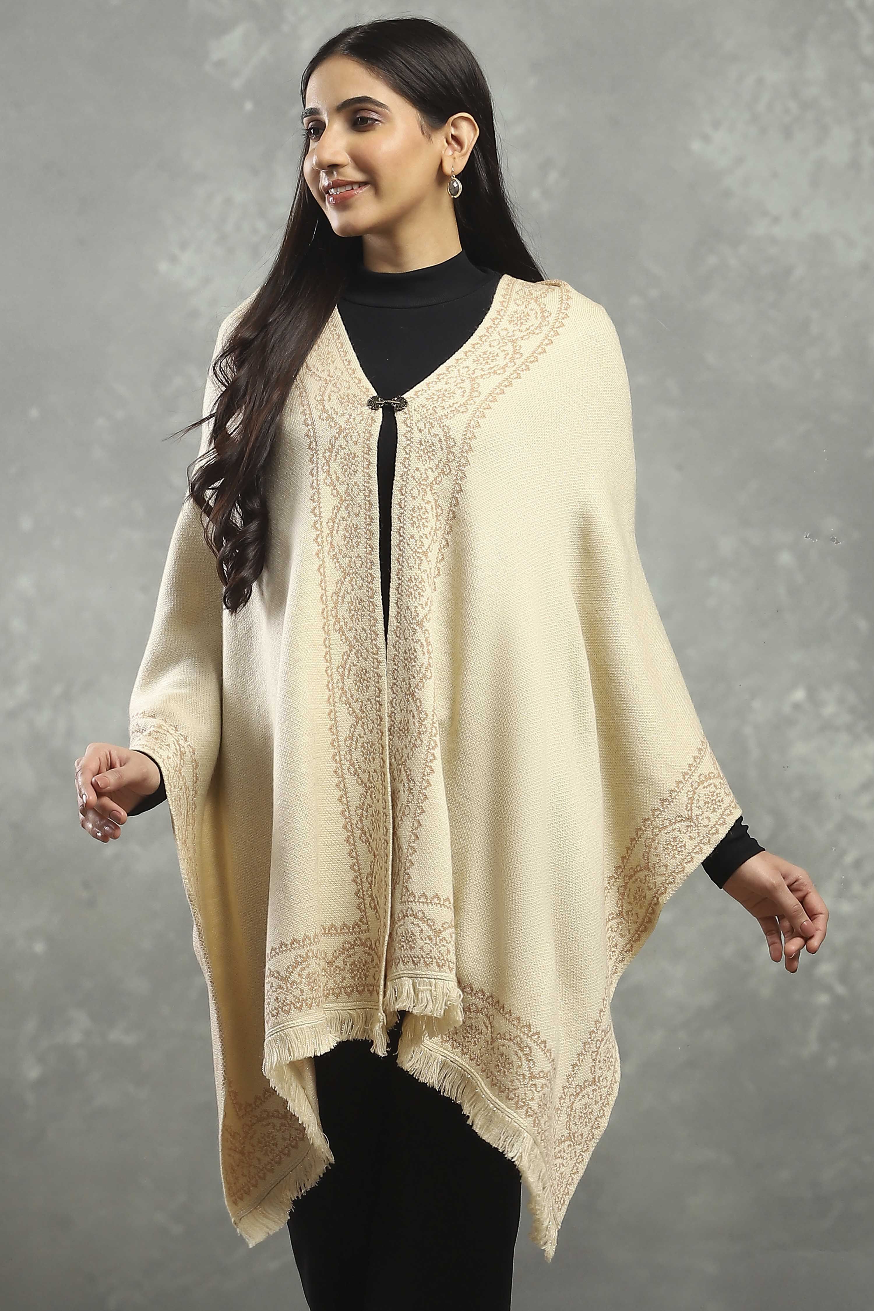 Off White Polyester Yarndyed Cape  image number 0