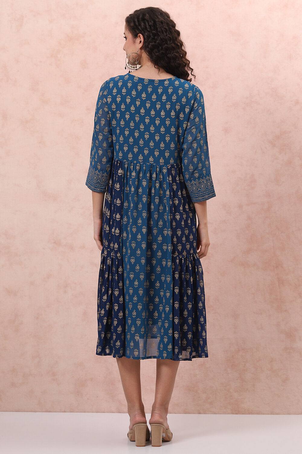 Blue Art Silk Tiered Dress image number 4