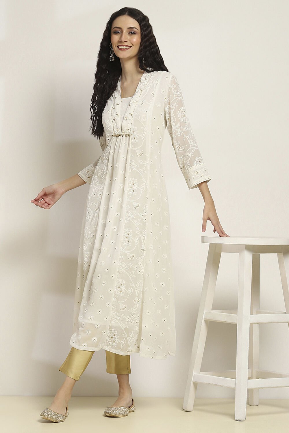 White Printed Flared Kurta image number 0