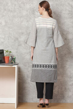 Grey Poly Cotton Straight Kurta image number 4