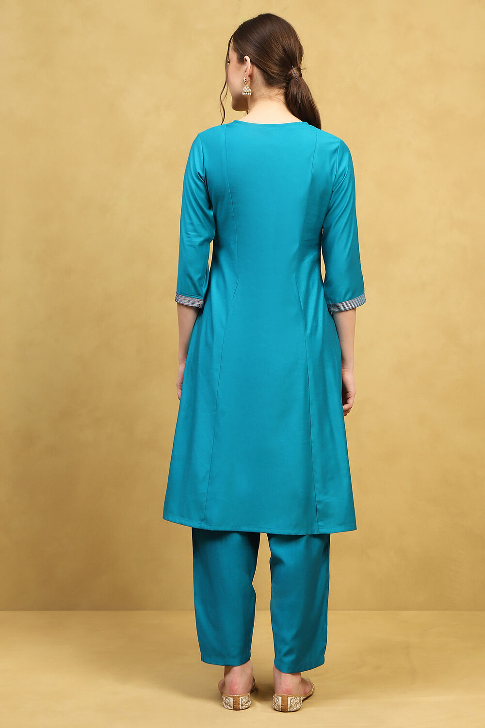 Teal Polyester Solid Straight Suit Set image number 4