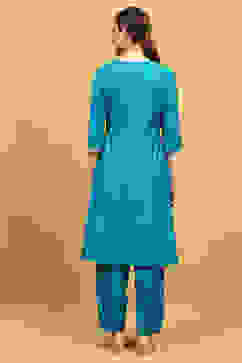 Teal Blue Pleated Straight Suit Set image number 4