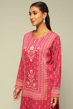 Pink Acrylic Straight Yarn Dyed Kurta Palazzo Suit Set image number 1