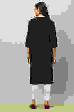 Black Cotton Jacquard Yarndyed Straight Kurta image number 3